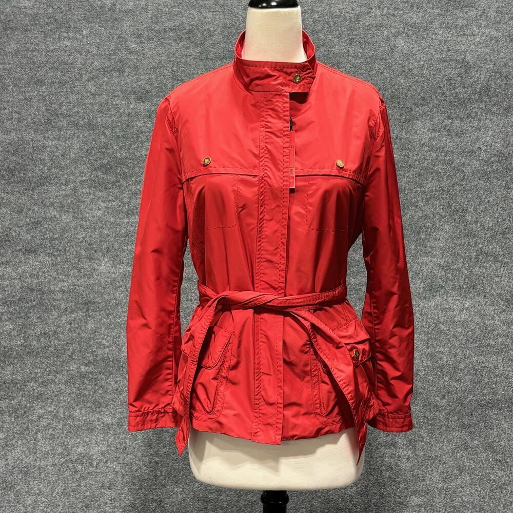 Carolina Herrera Jacket Womens L Red Belted Zip Front Lightweight Pockets Travel